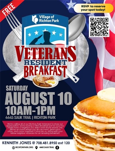 Hope you are well. The Richton Park- Veterans Commission will be hosting our “Veterans Breakfast 2024 Event” which is scheduled for Saturday August 10th 2024 @ 10:00am-12:00pm. 